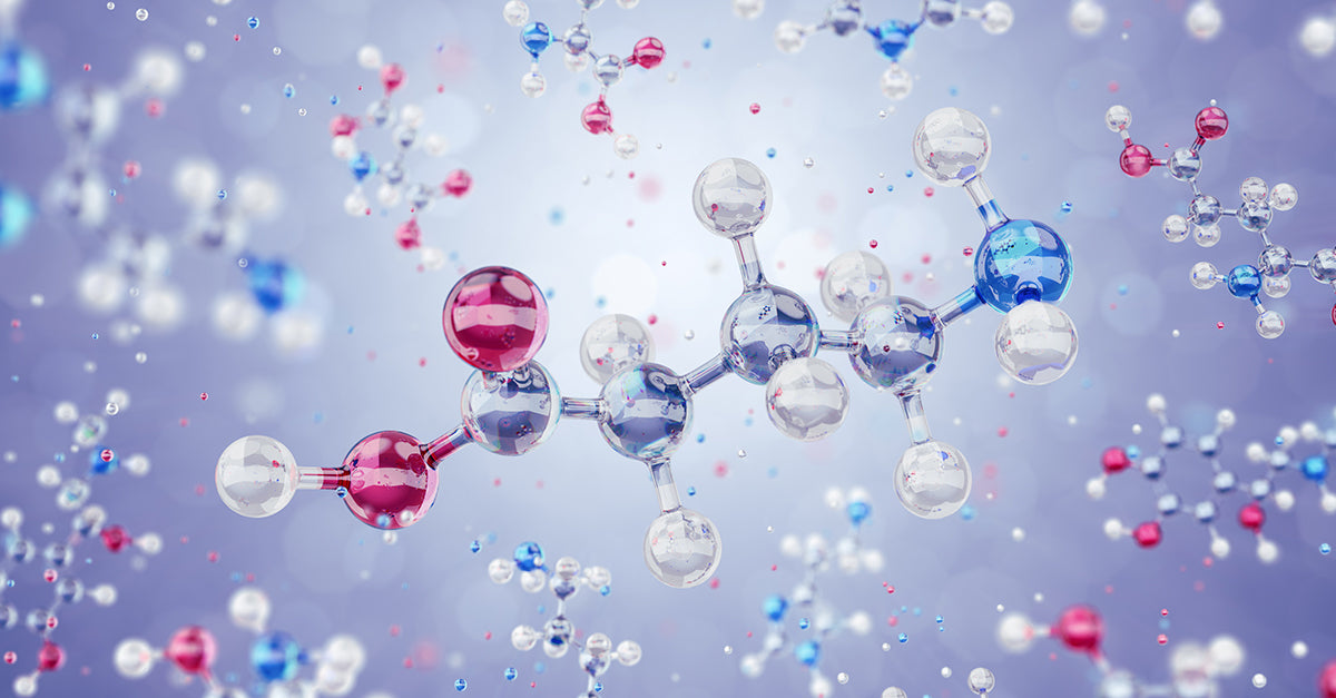 GABA Molecule. 3D model of a neurotransmitter Gamma-Aminobutyric Acid represented in form of a schematic molecular structure levitating among of other organic substances.